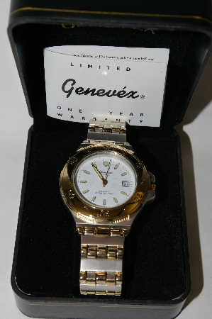 +MBA #85-089  Genevex Men's "White Face" Stainless Steel & Gold Tone Watch