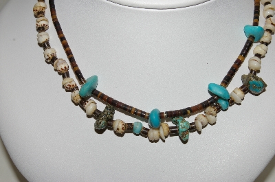 +MBA #85-123   Set Of 2 1970's Shell  & Blue Turquoise Hand Made Necklaces