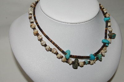 +MBA #85-123   Set Of 2 1970's Shell  & Blue Turquoise Hand Made Necklaces