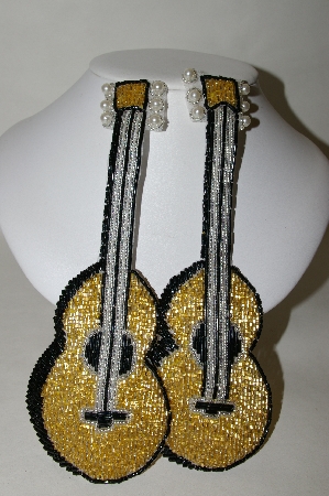 +MBA #89-064  "Set Of 2 Gold, Black & Silver Beaded Guitar Appliques