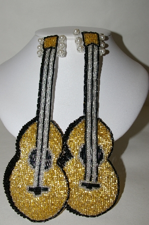 +MBA #89-064  "Set Of 2 Gold, Black & Silver Beaded Guitar Appliques