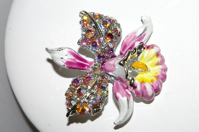 +MBA #87-407   Vintage Enamel & AB Crystal Flower Brooch