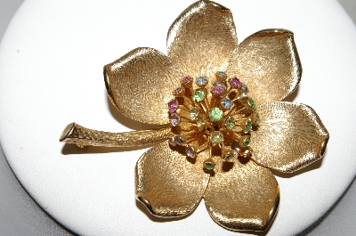 +MBA #87-300  Vintage Gold Tone Large Flower Brooch With Multi Colored Rhinestones