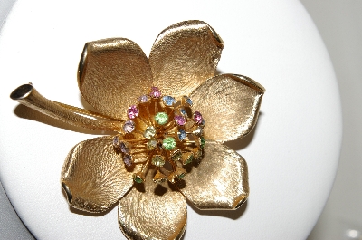 +MBA #87-300  Vintage Gold Tone Large Flower Brooch With Multi Colored Rhinestones