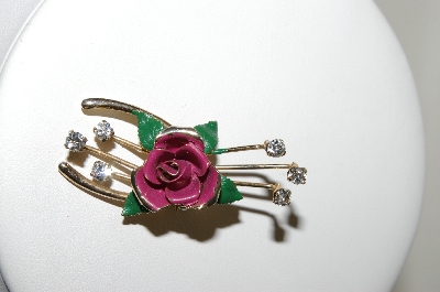 +MBA #87-320  Vintage Enameled Rose & Rhinestone Wish Bone Pin