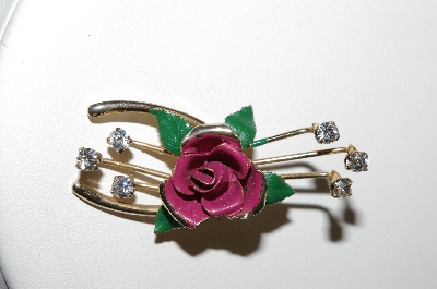 +MBA #87-320  Vintage Enameled Rose & Rhinestone Wish Bone Pin