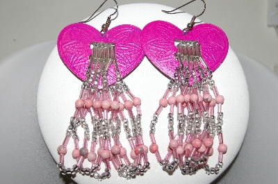 +MBA #87-337   Pink Enameled Heart Shaped Concho & Hand Beaded Earrings