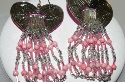 +MBA #87-337   Pink Enameled Heart Shaped Concho & Hand Beaded Earrings