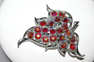 +MBA #87-301   Sarah Coventry Silvertone Red AB Crystal Fancy Leaf Brooch