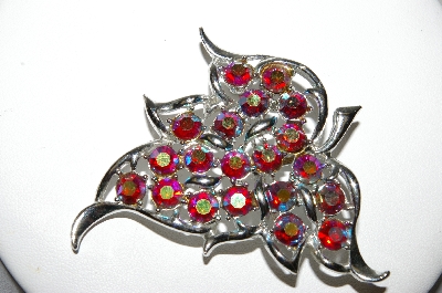 +MBA #87-301   Sarah Coventry Silvertone Red AB Crystal Fancy Leaf Brooch
