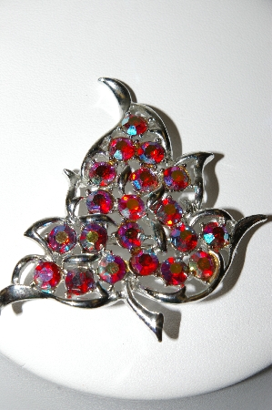 +MBA #87-301   Sarah Coventry Silvertone Red AB Crystal Fancy Leaf Brooch