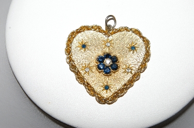 +MBA #87-322  Vintage Gold Plated Heart Pendant With Blue & Clear Rhinestones