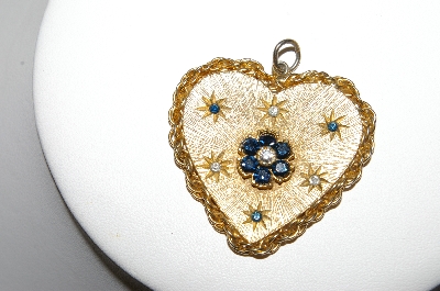 +MBA #87-322  Vintage Gold Plated Heart Pendant With Blue & Clear Rhinestones