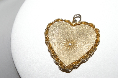 +MBA #87-322  Vintage Gold Plated Heart Pendant With Blue & Clear Rhinestones