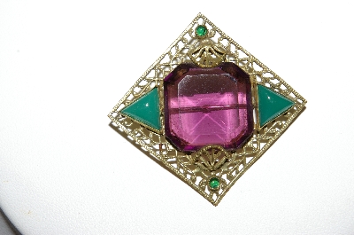 +MBA #87-293  Vintage Gold Plated Purple & Green Glass Pin