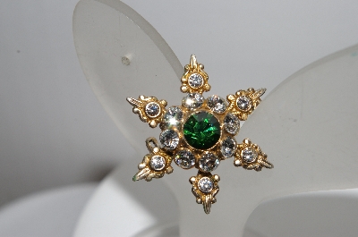 +MBA #90  Vintage Gold Plated Green & Crystal Rhinestone Pin