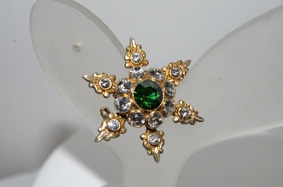 +MBA #90  Vintage Gold Plated Green & Crystal Rhinestone Pin