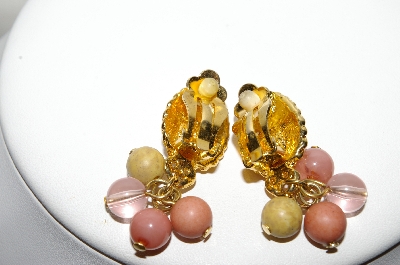 +MBA #88-165   Vintage Gold Tone Pink Stone & Bead Dangle Earrings