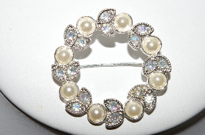 +MBA #88-229   Vintage Faux Pearl & AB Rhinestone Wreath Style Pin