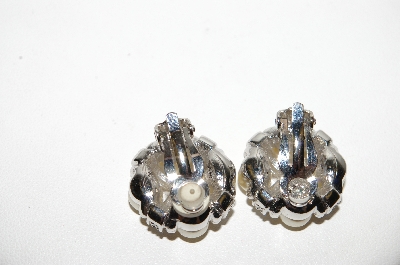 +MBA #88-193   Vintage Silver Tone Faux Pearl & Clear Crystal Rhinestone Clip On Earrings