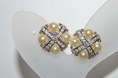 +MBA #88-193   Vintage Silver Tone Faux Pearl & Clear Crystal Rhinestone Clip On Earrings