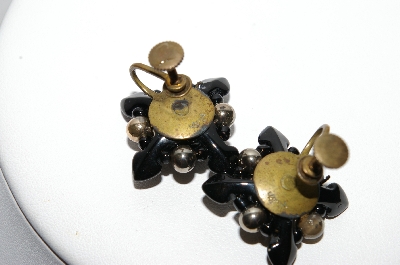 +MBA #88-053  Vintage Made In Japan Black Glass & Silver Bead Screw Back Earrings