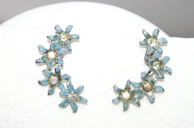 +MBA #89-015   Vintage Blue Enamel Flower & Clear Crystal Silver Tone Screw Back Earrings