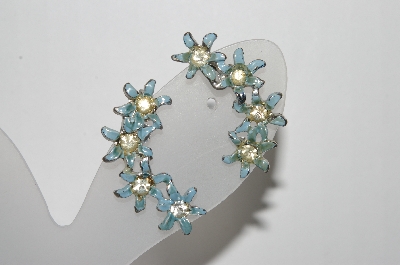 +MBA #89-015   Vintage Blue Enamel Flower & Clear Crystal Silver Tone Screw Back Earrings
