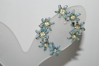 +MBA #89-015   Vintage Blue Enamel Flower & Clear Crystal Silver Tone Screw Back Earrings