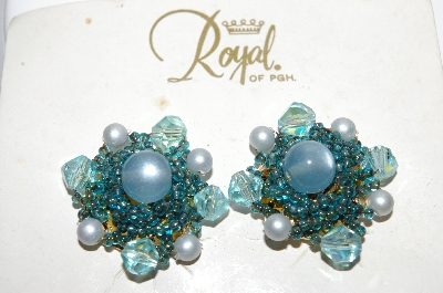 +MBA #88-241   Royal  Blue Glass, Faux Pearl & Seed Bead Clip On Earrings