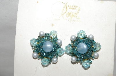+MBA #88-241   Royal  Blue Glass, Faux Pearl & Seed Bead Clip On Earrings