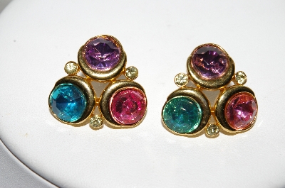 +MBA #88-006   Tafari Gold Tone Multi Colored Crystal Rhinestone Pierced Earrings