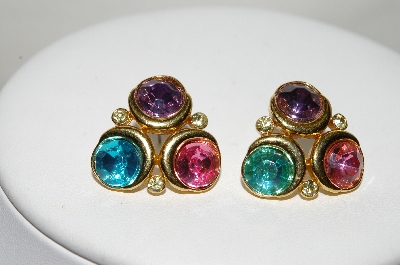 +MBA #88-006   Tafari Gold Tone Multi Colored Crystal Rhinestone Pierced Earrings