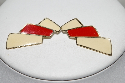 +MBA #88-197  "Trifari Gold Tone Red & White Enameled Pierced Earrings