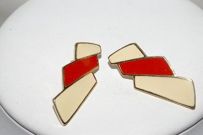 +MBA #88-197  "Trifari Gold Tone Red & White Enameled Pierced Earrings