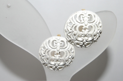 +MBA #88-057   Monet  Fancy White Enameled Clip On Earrings