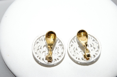 +MBA #88-057   Monet  Fancy White Enameled Clip On Earrings