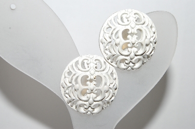 +MBA #88-057   Monet  Fancy White Enameled Clip On Earrings