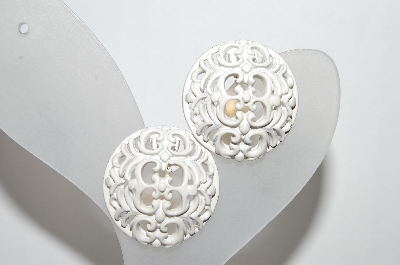 +MBA #88-057   Monet  Fancy White Enameled Clip On Earrings