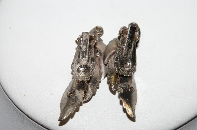 +MBA #88-156   Vintage Silver Tone Clear Crystal Rhinestone Leaf Style Clip On Earrings