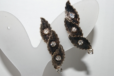 +MBA #88-156   Vintage Silver Tone Clear Crystal Rhinestone Leaf Style Clip On Earrings
