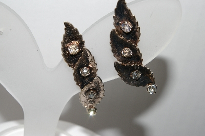 +MBA #88-156   Vintage Silver Tone Clear Crystal Rhinestone Leaf Style Clip On Earrings