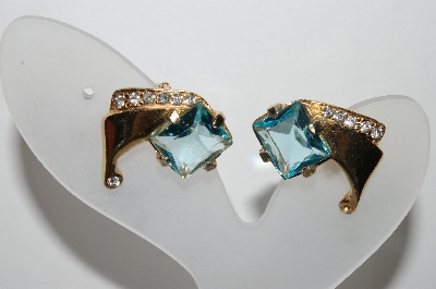 +MBA #88-025  Vintage Gold Tone Blue Glass & Crystal Rhinestone Clip On Earrings