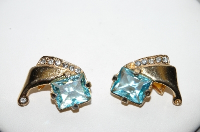 +MBA #88-025  Vintage Gold Tone Blue Glass & Crystal Rhinestone Clip On Earrings