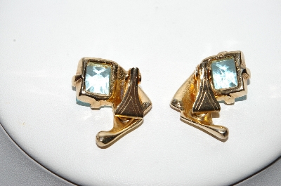 +MBA #88-025  Vintage Gold Tone Blue Glass & Crystal Rhinestone Clip On Earrings