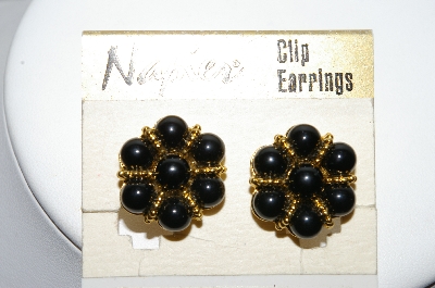 +MBA #88-287   Napier Gold Tone Black Bead Clip On Earrings