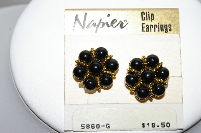+MBA #88-287   Napier Gold Tone Black Bead Clip On Earrings
