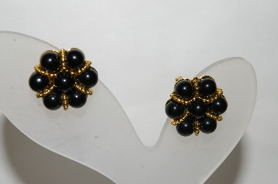 +MBA #88-287   Napier Gold Tone Black Bead Clip On Earrings