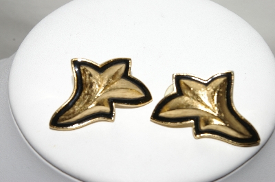 +MBA #88-170   Vintage Gold Tone Fancy Black Enameled Pierced Earrings