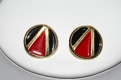 +MBA #88-011  Napier Gold Tone Red & Black Enamel Pierced Earrings